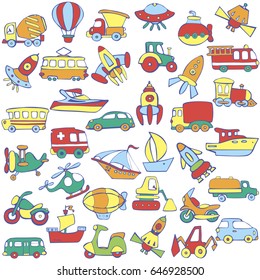 Big transportation icons collection. Cute baby pattern. Set of transport for children. Hand drawn vector illustration.
