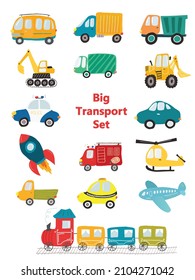 Big transportation set. Bright collection of cars and trucks in simple flat style. Cute transport vehicles for prints, decorations, kids designs, games and preschool activities