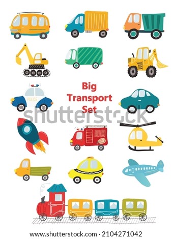 Big transportation set. Bright collection of cars and trucks in simple flat style. Cute transport vehicles for prints, decorations, kids designs, games and preschool activities