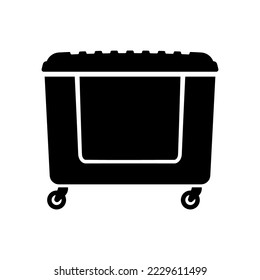 Big trash can on wheels icon. Garbage container. Black silhouette. Front side view. Vector simple flat graphic illustration. Isolated object on a white background. Isolate.