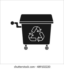 Big trash can with Recycle symbol on wheels sign silhouette symbol icon on background