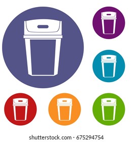 Big trashcan icons set in flat circle reb, blue and green color for web