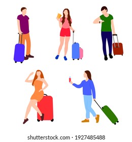 Big travel set isolated character icons colorful in flat style group of people women and men tourism