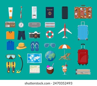 Big travel set. Summer holiday, tourism and vacation items. Bag photo camera compass, airplane, globe, map, scuba mask, flip flops, cocktail, shirt, shorts, passport ticket wallet Vector flat style