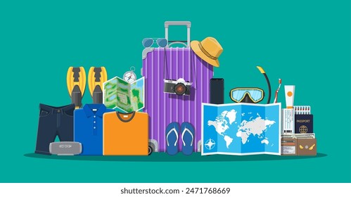 Big travel set. Summer holiday, tourism and vacation items. Bag photo camera compass, wallet, map, scuba mask, flip flops, hat shirt, shorts, passport ticket wallet Vector flat style