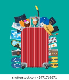 Big travel set. Summer holiday, tourism and vacation items. Bag photo camera compass, wallet, globe, map, scuba mask, flip flops, cocktail, shirt, shorts, passport ticket wallet Vector flat style