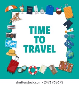 Big travel set. Summer holiday, tourism and vacation items. Bag photo camera compass, wallet, globe, map, scuba mask, flip flops, cocktail, shirt, shorts, passport ticket wallet Vector flat style