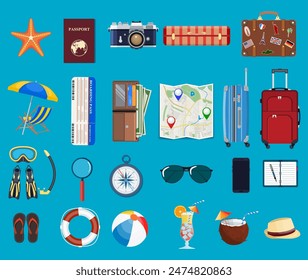 Big travel set. Summer holiday, tourism and vacation items. Bag photo camera compass, map, scuba mask, flip flops, cocktail, ball, passport ticket wallet vector illustration in flat design