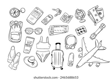 Big travel summer contour doodle set with popular items. Collection of sketchy outline drawings isolate on white background. Monochrome summer vacation on airplane outline stickers