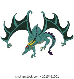 big treacherous green dragon sneaks vector illustration with a contour in a cartoon style