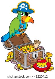 Big treasure chest with pirate parrot - vector illustration.