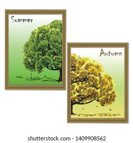Big tree, autumn and summer, the divided diptych with a separate framework, the color vector drawing on a gradient background, green and yellow