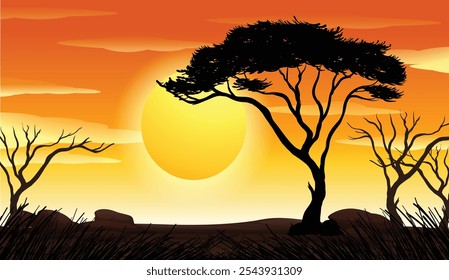 big tree behind the sun illustration