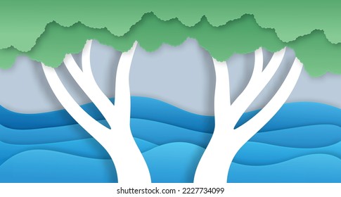 big tree beside green forest river. Nature and environmental landscape creative idea concept of illustration style. Paper art vector