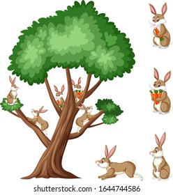 Big tree and brown rabbits with carrots on white background illustration