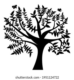 Big tree with butterfly nature silhouette illustration for spring summer seasonal. Vector EPS10