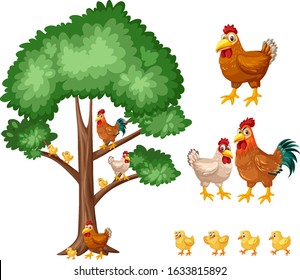 Big tree and chickens on white background illustration