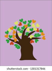 Big tree with colorful heart leaves, romance love concept