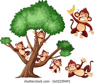 Big tree and cute monkeys on white background illustration