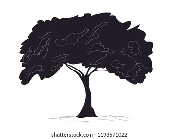 big tree drawing silhouette, vector, white background