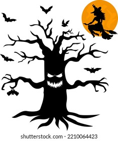 Big tree with eyes, mouth. Full moon and bats. Witch on a broom. Halloween. Black silhouette.