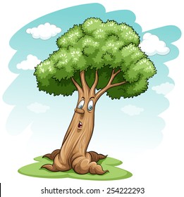 A big tree with a face on a white background