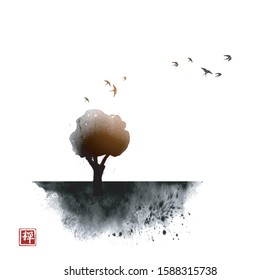 Big tree and flock of birds in the sky. Traditional oriental ink painting sumi-e, u-sin, go-hua on white background. Hieroglyph - zen.