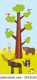 Big tree with green leaves, birds rabbit elk bear raccoon Children height meter wall sticker, kids measure. Vector illustration