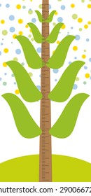 Big tree with green leaves on a white background Children height meter wall sticker, kids measure. Vector