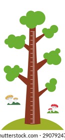 Big tree with green leaves on white background Children height meter wall sticker, kids measure. Vector