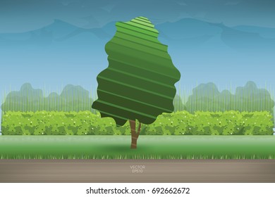 Big tree in green natural area with blue sky. View from wooden terrace. Vector illustration.