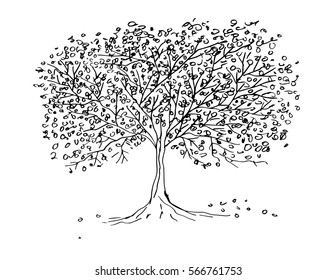 Big tree hand drawing illustration. Black and white