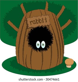 big tree with hollow from which are seen afraid eye, on hollow tablet "rabbit"
