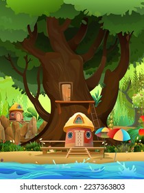 Big tree house. Old oak with door and stairs. Room inside tree. Bungalow by water. Waves of sea or river. Nice fun cartoon style. Vertical illustration. Vector.