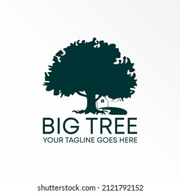 Big tree with house and road in below image graphic icon logo design abstract concept vector stock. Can be used as a symbol related to property home or nature