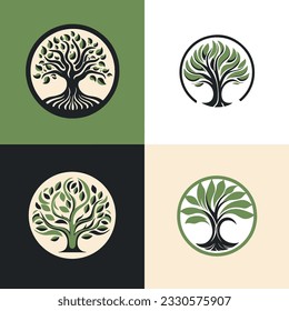 Big tree logo set. Flat Simple green shapes silhouette symbol eco wealth concept. Nature growing farm eco family vector illustration