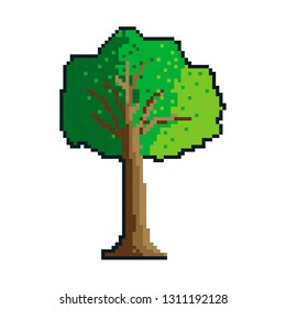 Big tree with a lush green crown. Pixel art style icons in trendy flat style. Stickers design. Vector illustration isolated on white background.