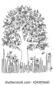 Big tree in a magic forest coloring page adult coloring book