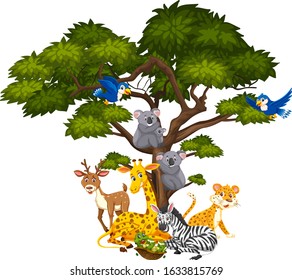 Big tree and many different animals on it illustration