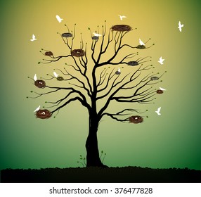 big tree with many nests and flock of white birds flying, return to the nature home idea, spring nesting, vector