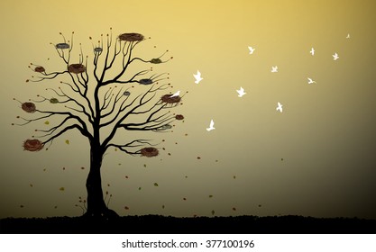 big tree with many nests and flock of white birds fly out, flock of birds fly out, because autumn come, vector