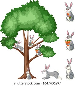 Big tree and many rabbits on white background illustration