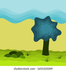 Big tree in meadow wave and sky background, landscape texture vector illustration and copy space.