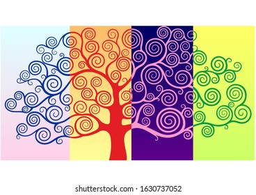 big tree in modern style, four seasons, multi-colored, LGBT rainbow