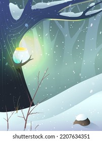 Big tree at night in winter woods fairytale. Forest empty background with big tree and lighted lamp in darkness. Storytelling illustration for children and kids. Background scenery vector.