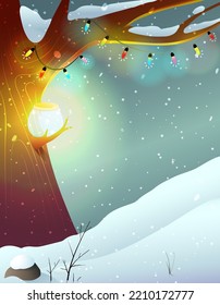 Big tree at night in winter woods. Forest fairytale empty background with big tree and lighted lamp in darkness. Forest storytelling illustration for children and kids. Background scenery vector.