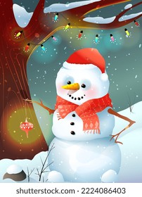 Big tree at night in winter woods. Forest fairytale empty background with big tree and lighted lamp in darkness. Forest storytelling illustration for children and kids. Background scenery vector.