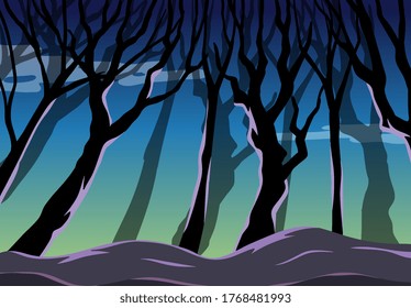 Big tree on dark forest background scene illustration