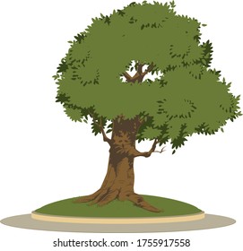 Big tree on flowerbed. Stock illustration.