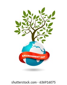 Big tree on the globe with red ribbon and space for text. Realistic vector illustration modern design template. Ecology concept, World Environment Day